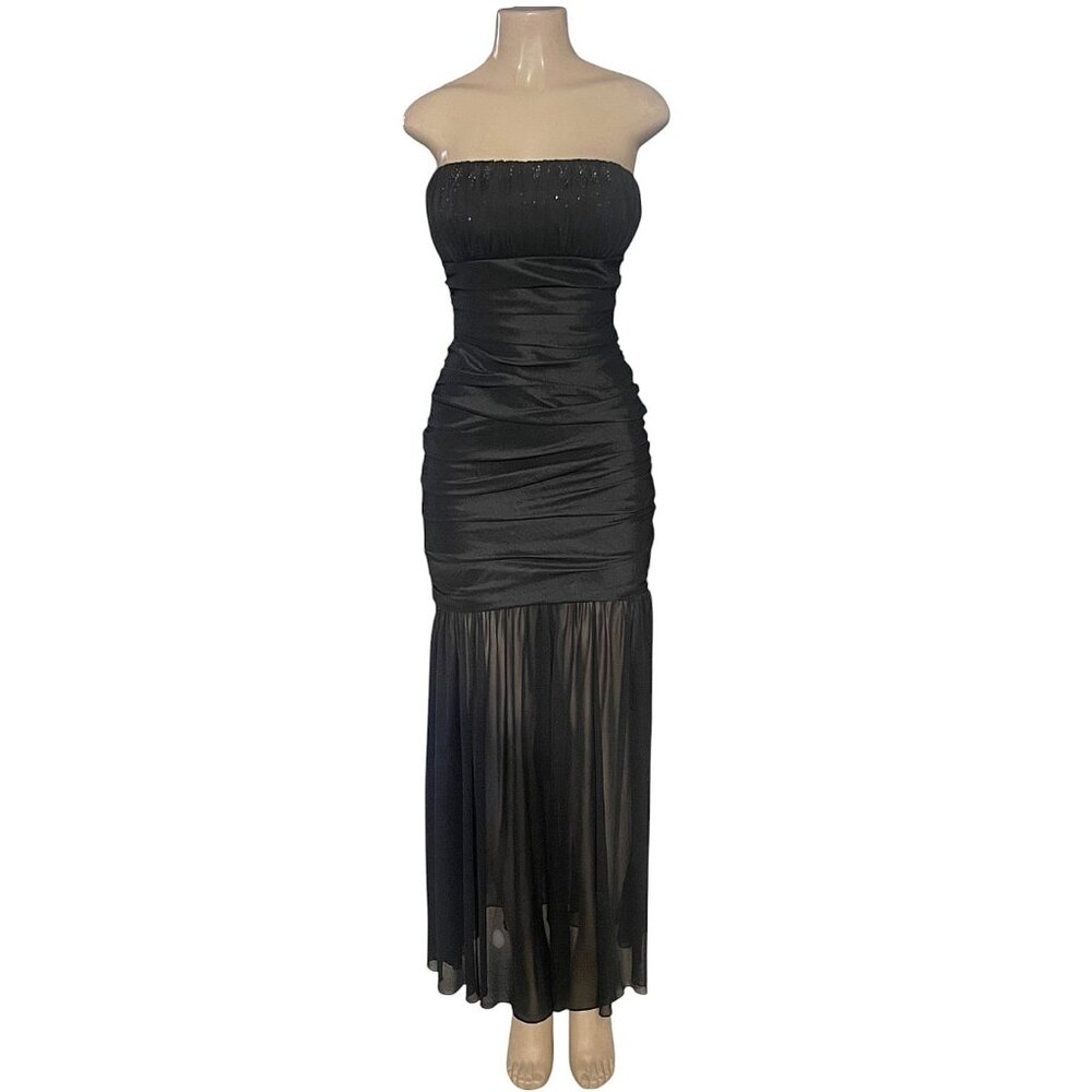 Strapless Embellished Ruched Maxi Dress | Sheer Mesh Overlay | Medium